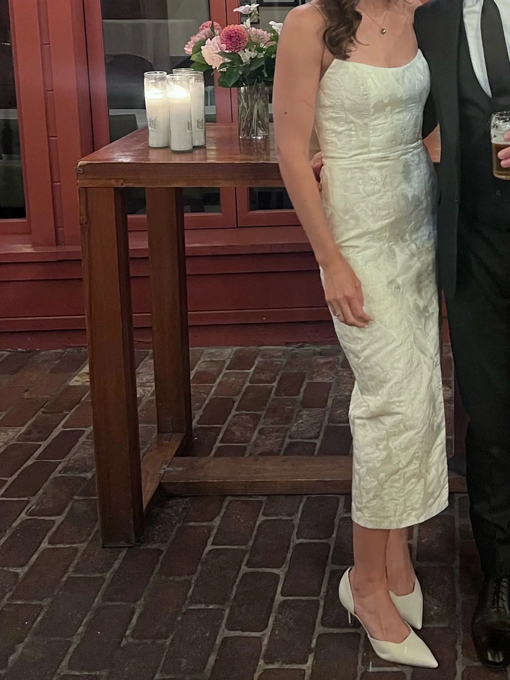 Strapless White Jacquard Midi Dress with Side Slit - Picture 5 of 5
